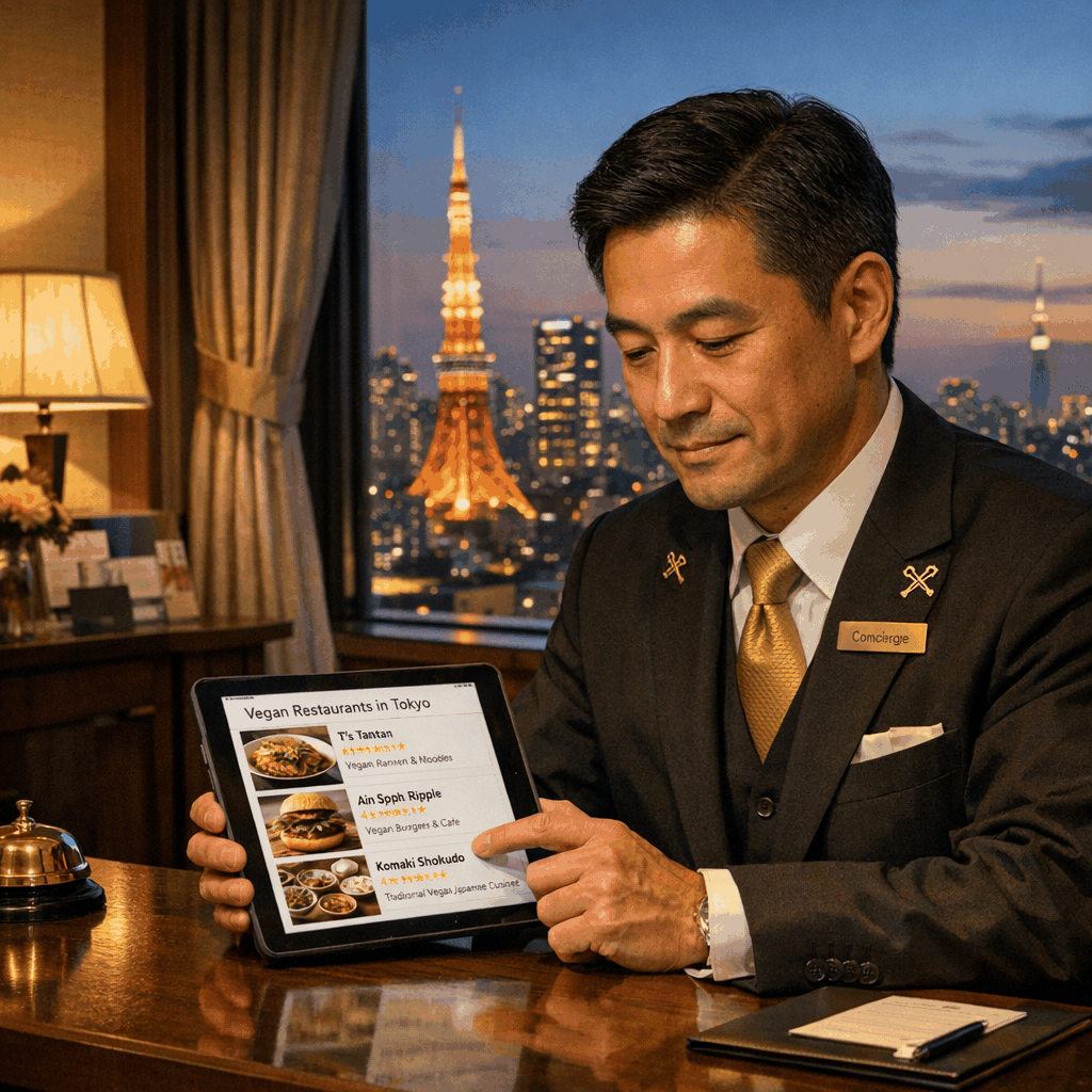 Entrance of a vegan-friendly restaurant in Tokyo with signage and a small queue