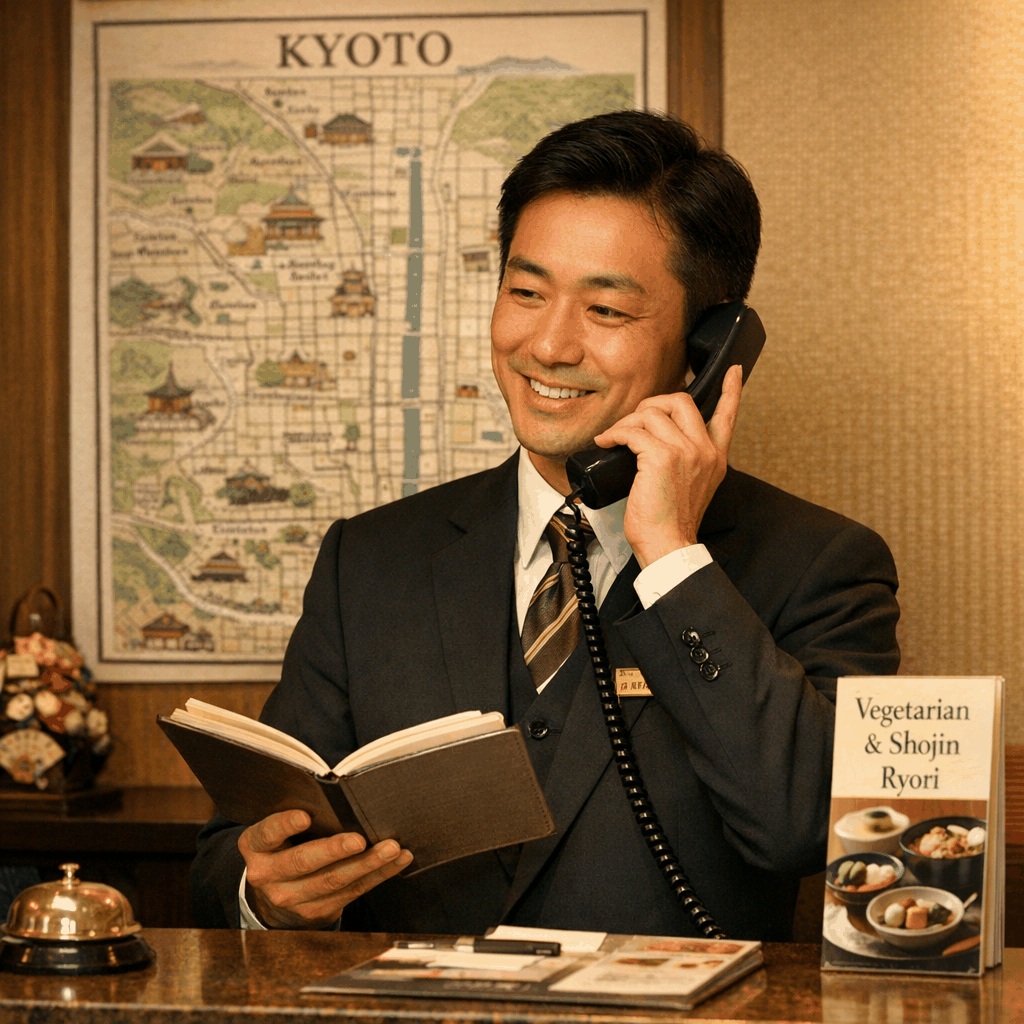 Wooden signboard and entrance of a Kyoto shojin ryori temple restaurant