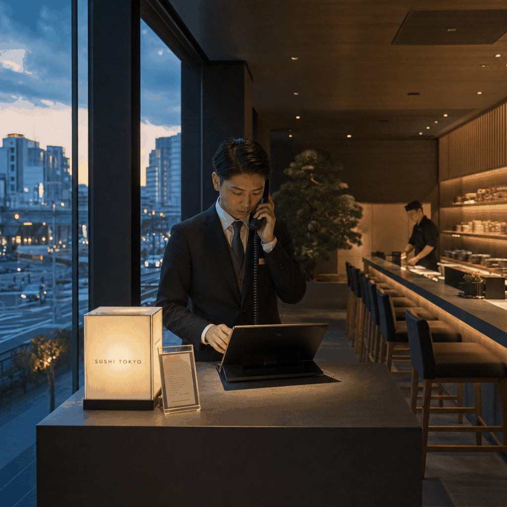A sushi counter in Tokyo with chefs preparing omakase dishes for a small group of diners.