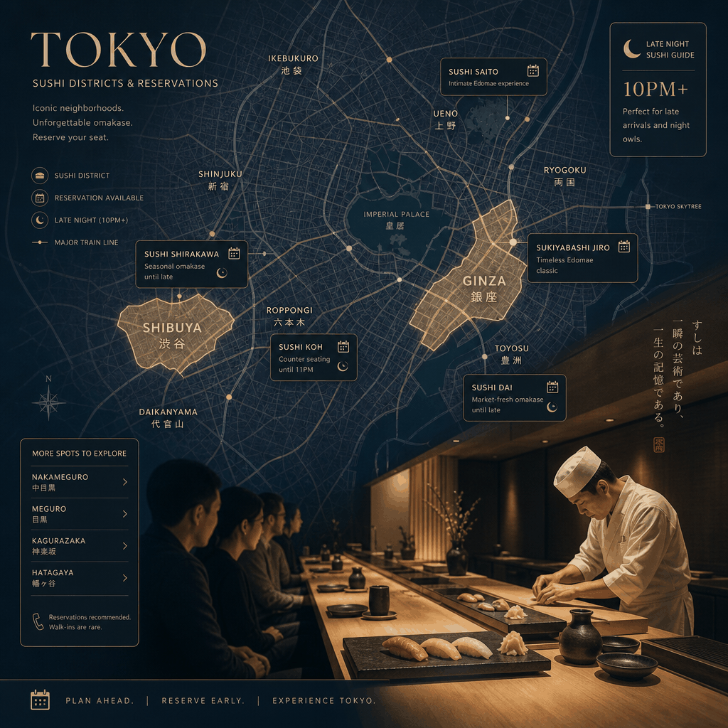 Tokyo nightlife near a sushi district, showing a concierge-style last-minute dining search.