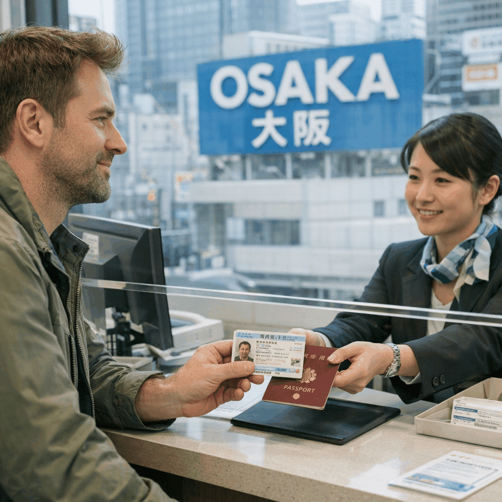 Person presenting residence card at a bank counter in Osaka, with bank signage visible