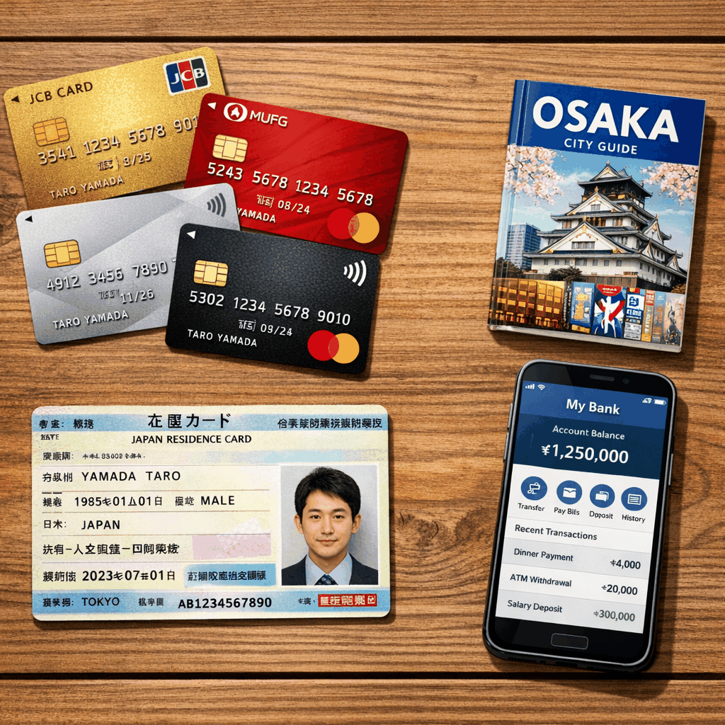 Osaka street scene near Umeda with credit card and ICOCA cards on a table