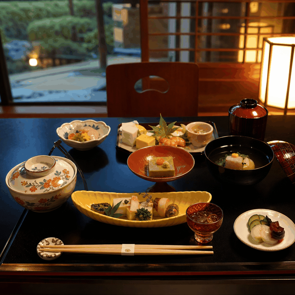 Kyoto kaiseki dinner setting with seasonal dishes in a traditional restaurant