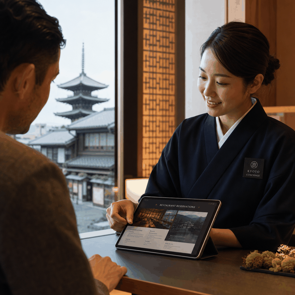 Travel concierge helping book a Kyoto dinner reservation on a phone