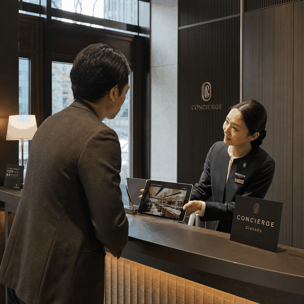 Hotel concierge desk in Tokyo helping with restaurant booking requests