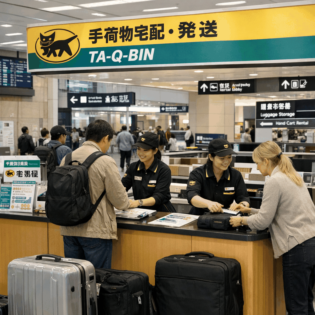 Traveler handing luggage to an airport service counter at Tokyo airport