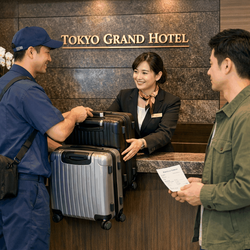 Suitcases labeled for hotel delivery in central Tokyo