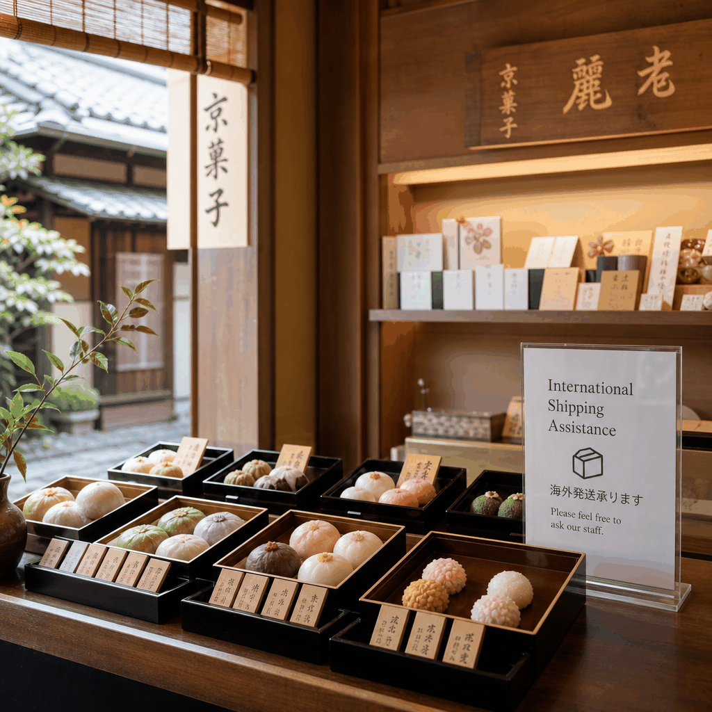 Packaged wagashi in Kyoto, suitable for checking overseas shipping options.