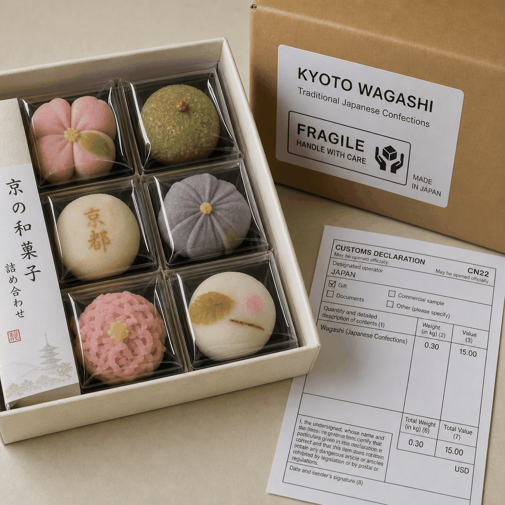 Kyoto sweets shop display with boxed confectionery for export and gift sending.