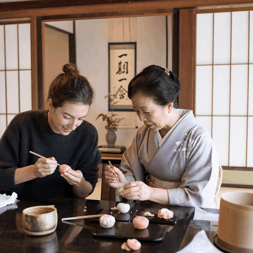 Traditional Kyoto wagashi workshop table with tools and finished Japanese sweets