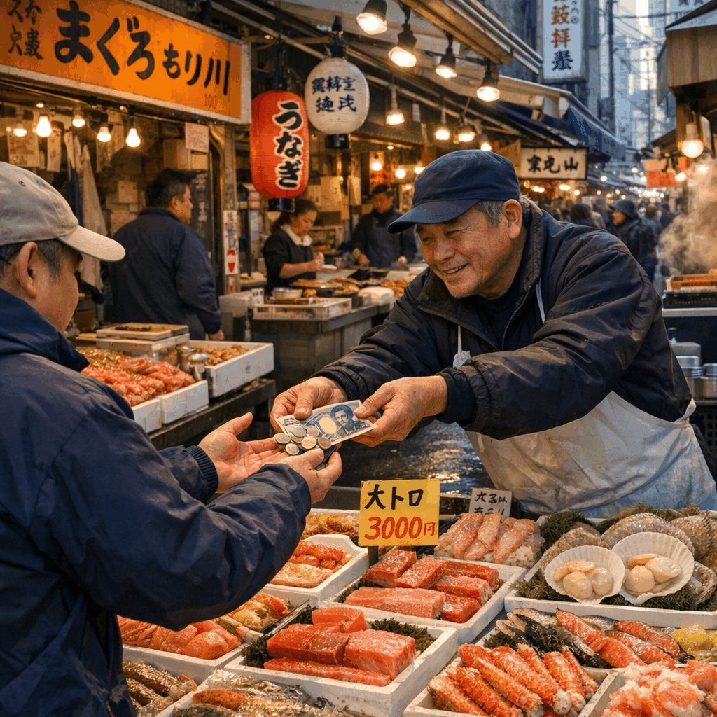 Front walkway and vendor stalls at Tsukiji Outer Market in Tokyo, showing small shops and shoppers