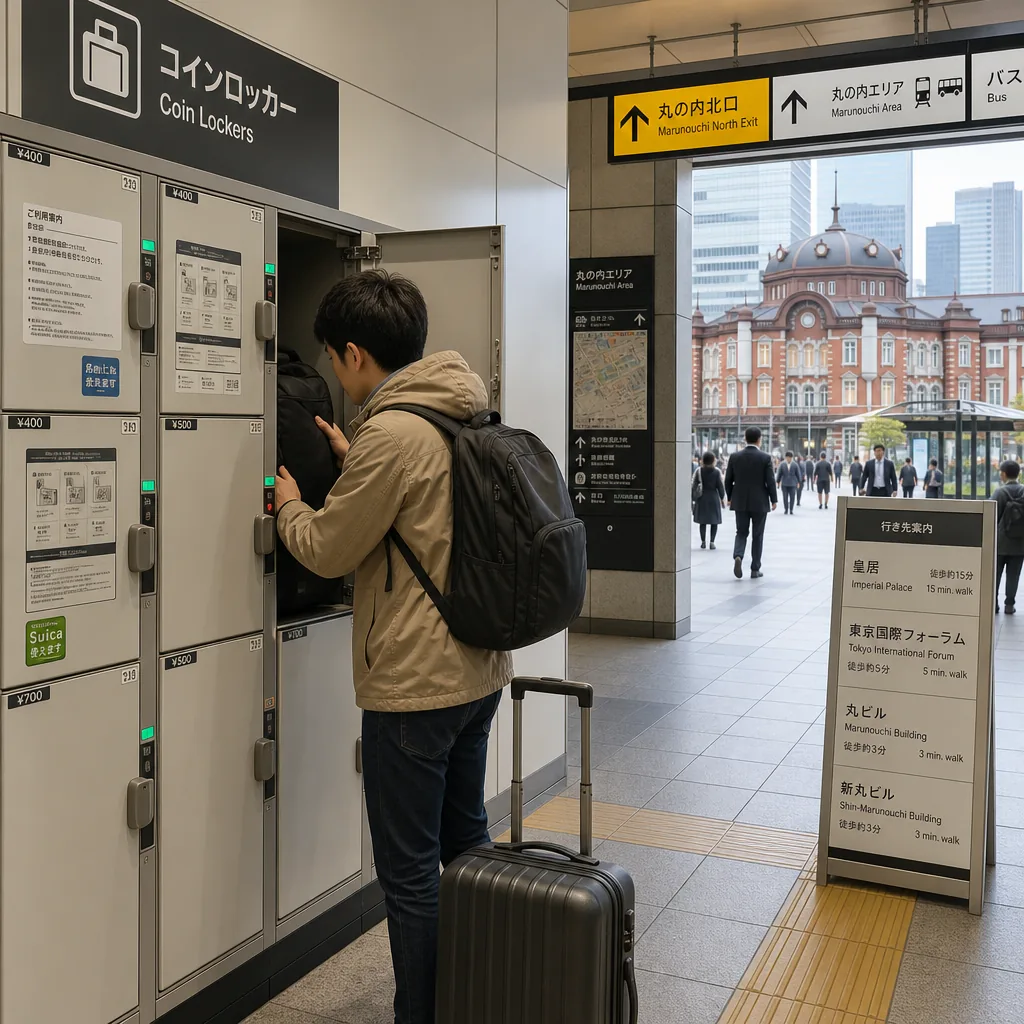 Travelers using luggage storage near Tokyo Station before exploring central Tokyo