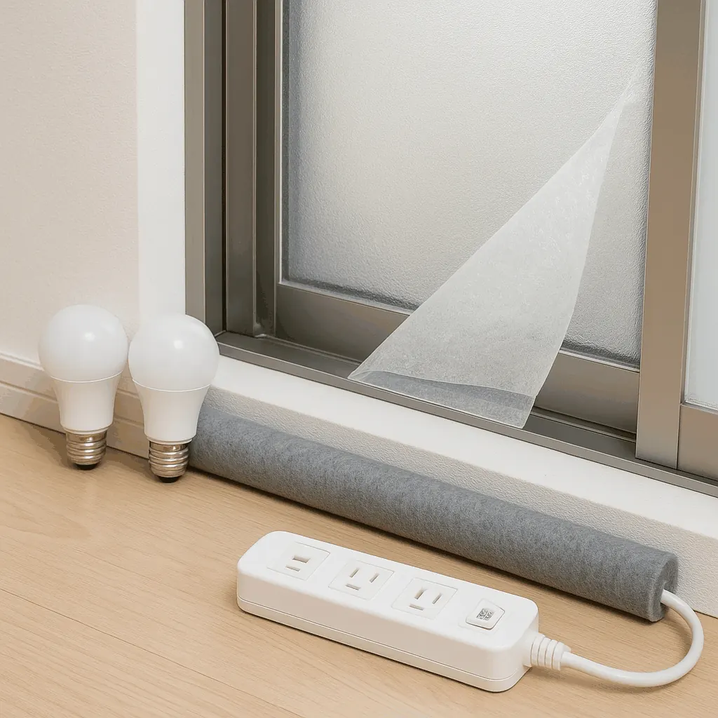 Living room showing draft excluder, curtains, and LED lighting