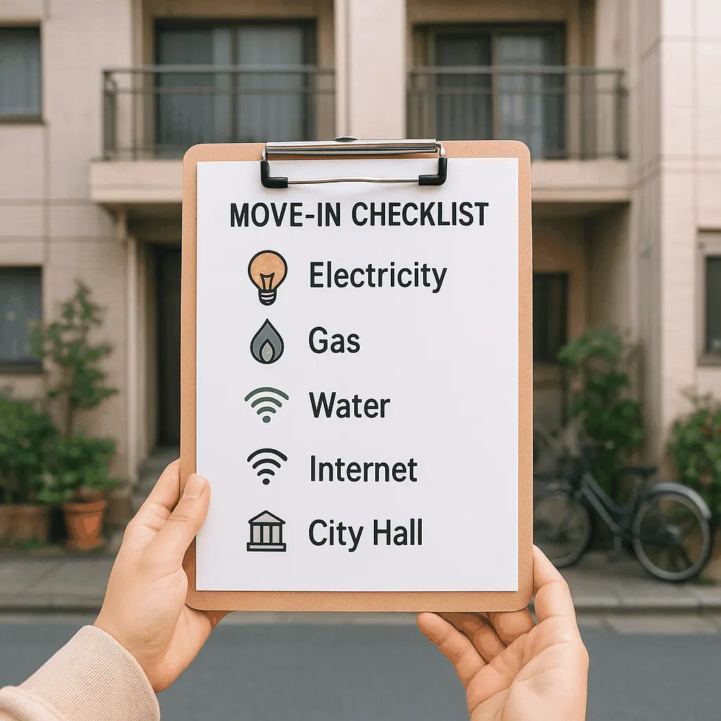 Checklist on paper beside keys and a smartphone showing municipal website