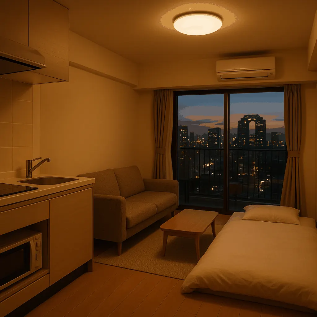 Furnished monthly apartment living room with compact kitchen in Osaka