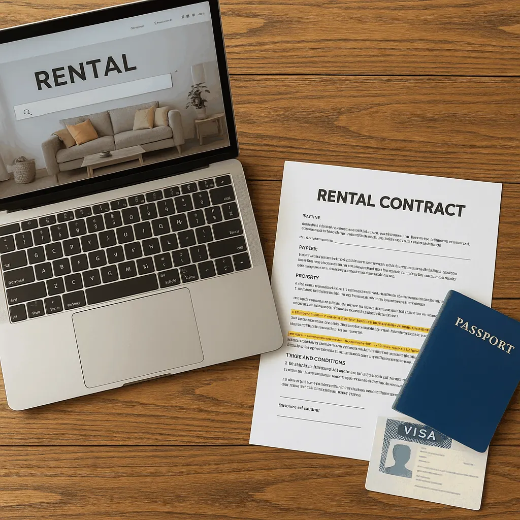 Interior of a serviced monthly apartment with bed, table, and Wi-Fi