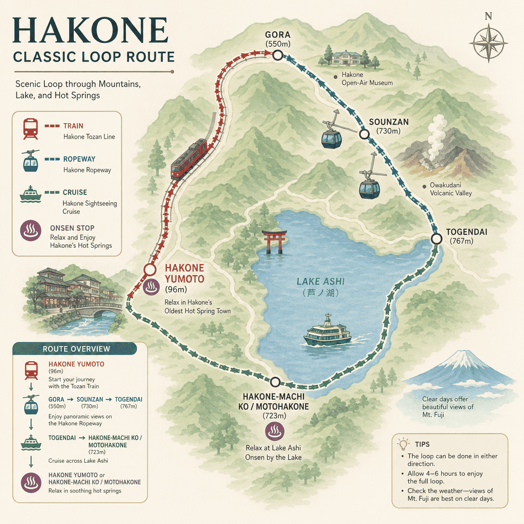 Lake Ashi cruise and mountain transit in Hakone with a relaxing hot spring stop