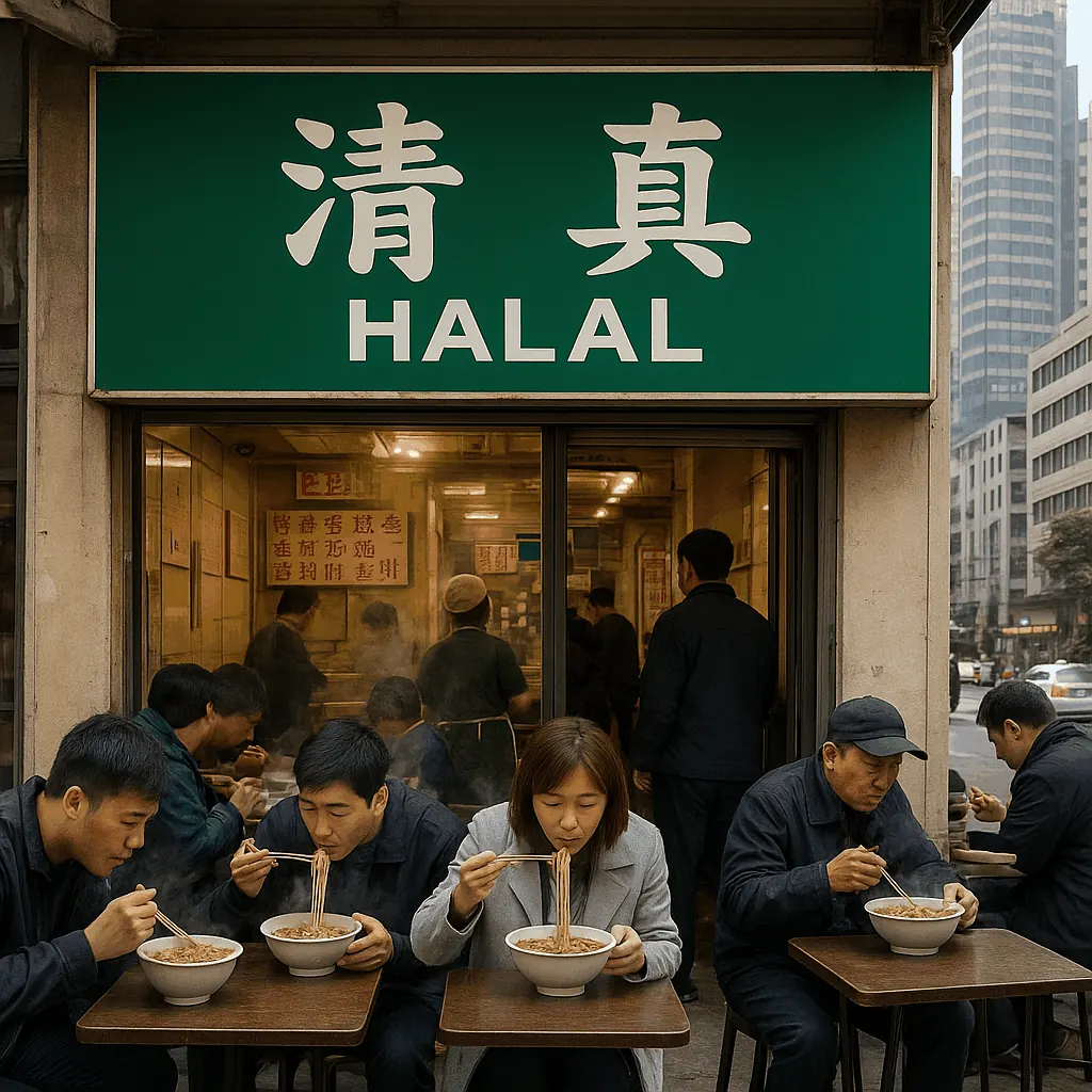 Street view of a Shanghai neighborhood with a 清真 (halal) restaurant sign visible