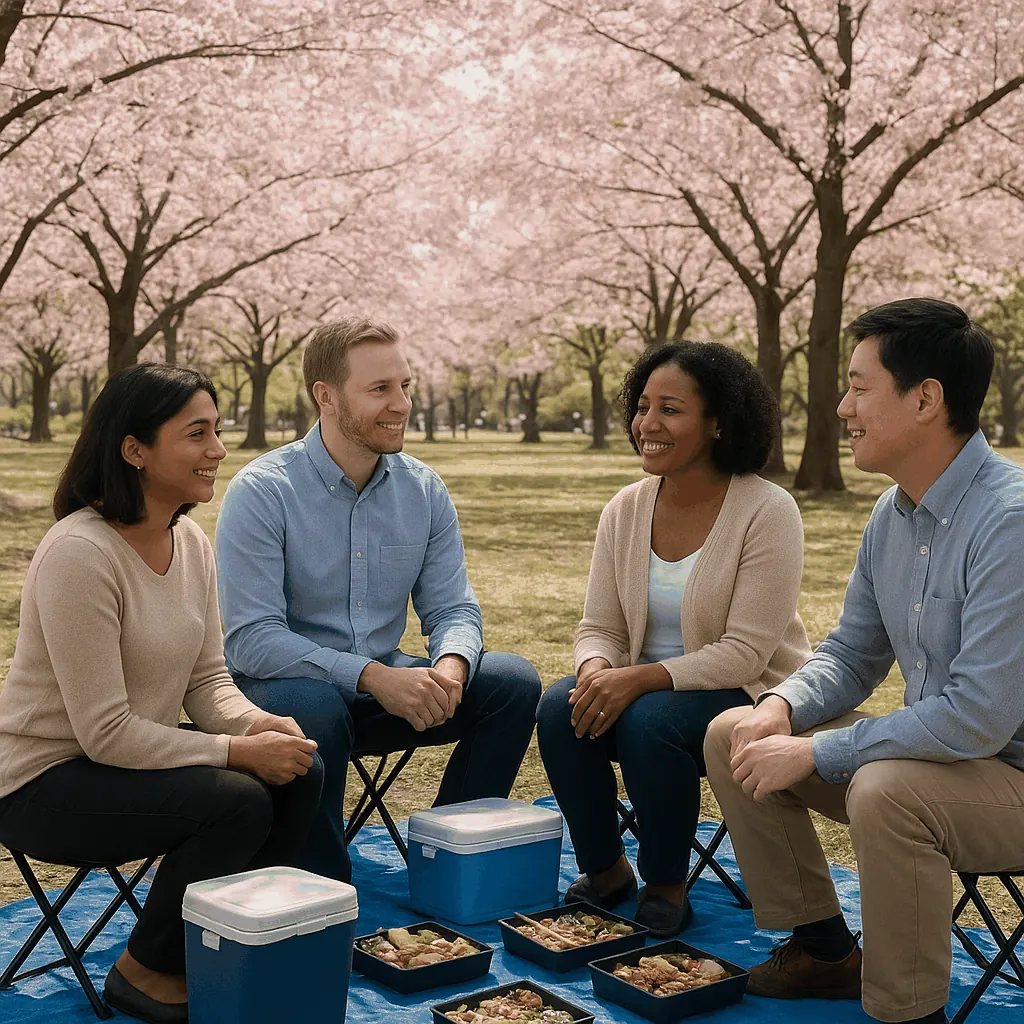 Cherry blossoms over a crowded urban park with picnic sheets
