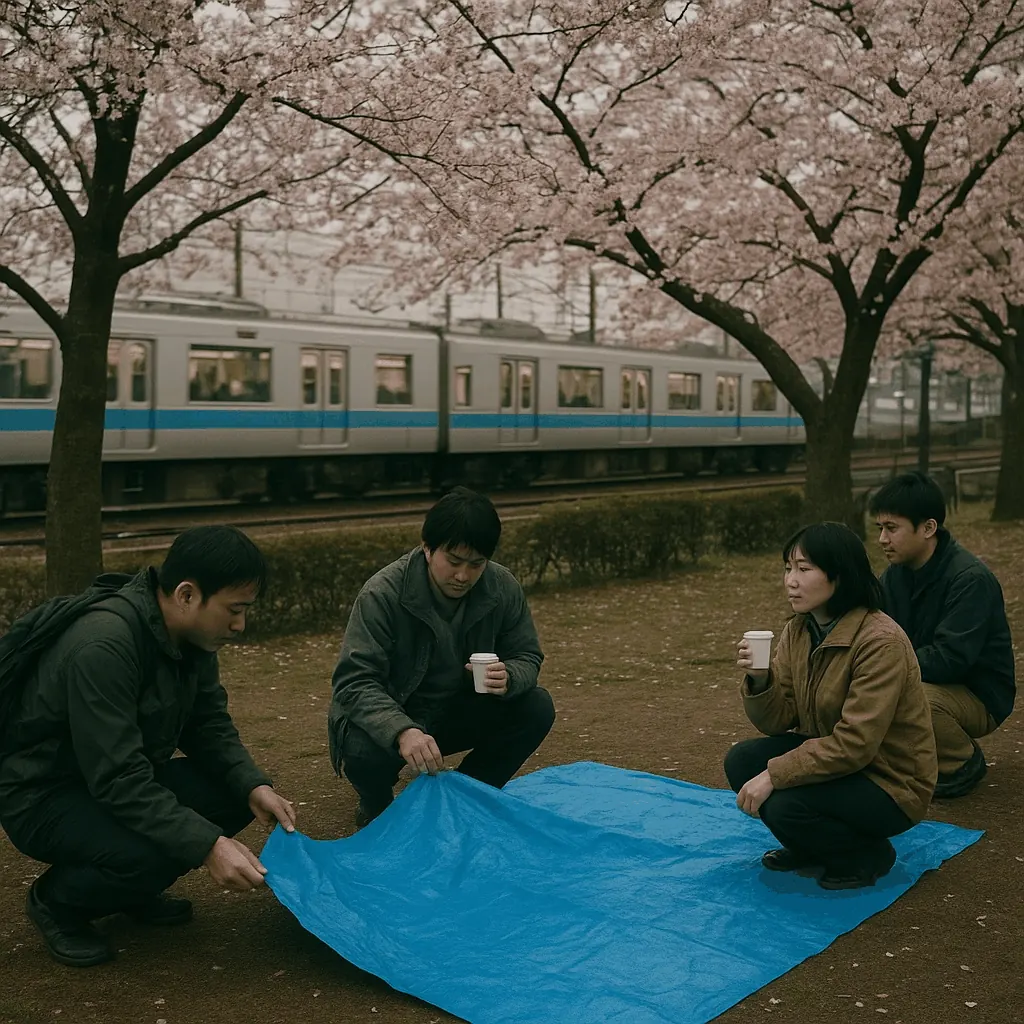 Riverside sakura-lined walk with people strolling under trees