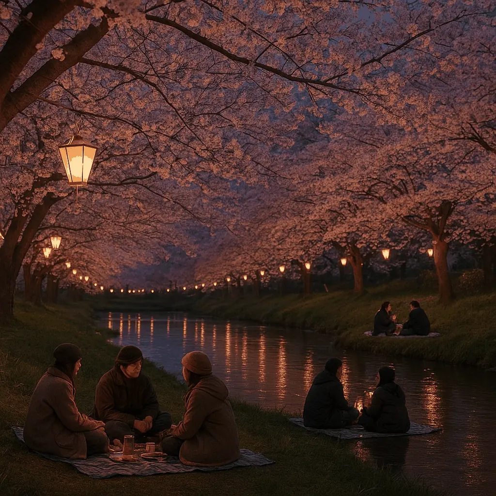 Evening hanami with illuminated cherry trees and people wearing warm jackets