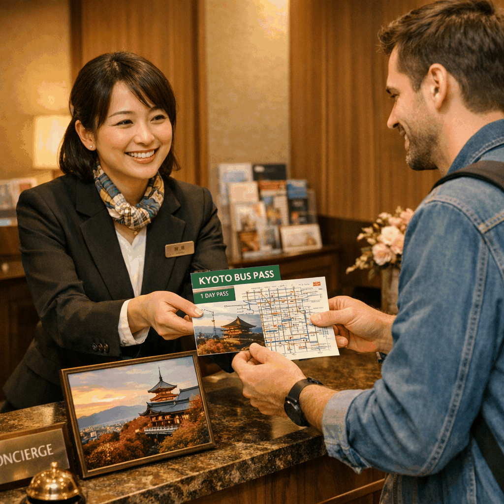 City bus in Kyoto near Kyoto Station with passengers boarding and luggage
