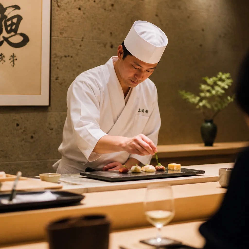 A Tokyo omakase counter prepared for a vegetarian custom course