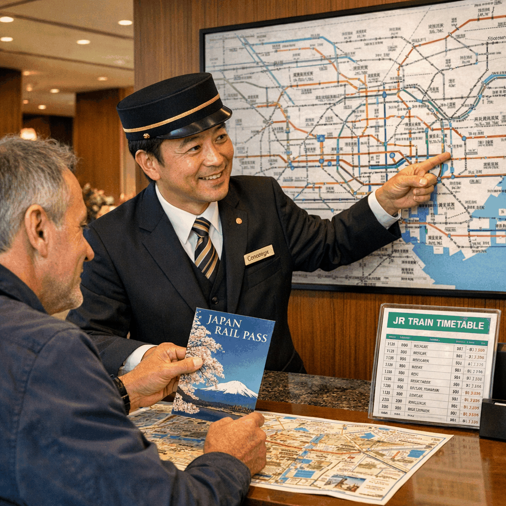 Concierge desk in Tokyo preparing JR Pass documents at a hotel front desk near Tokyo Station