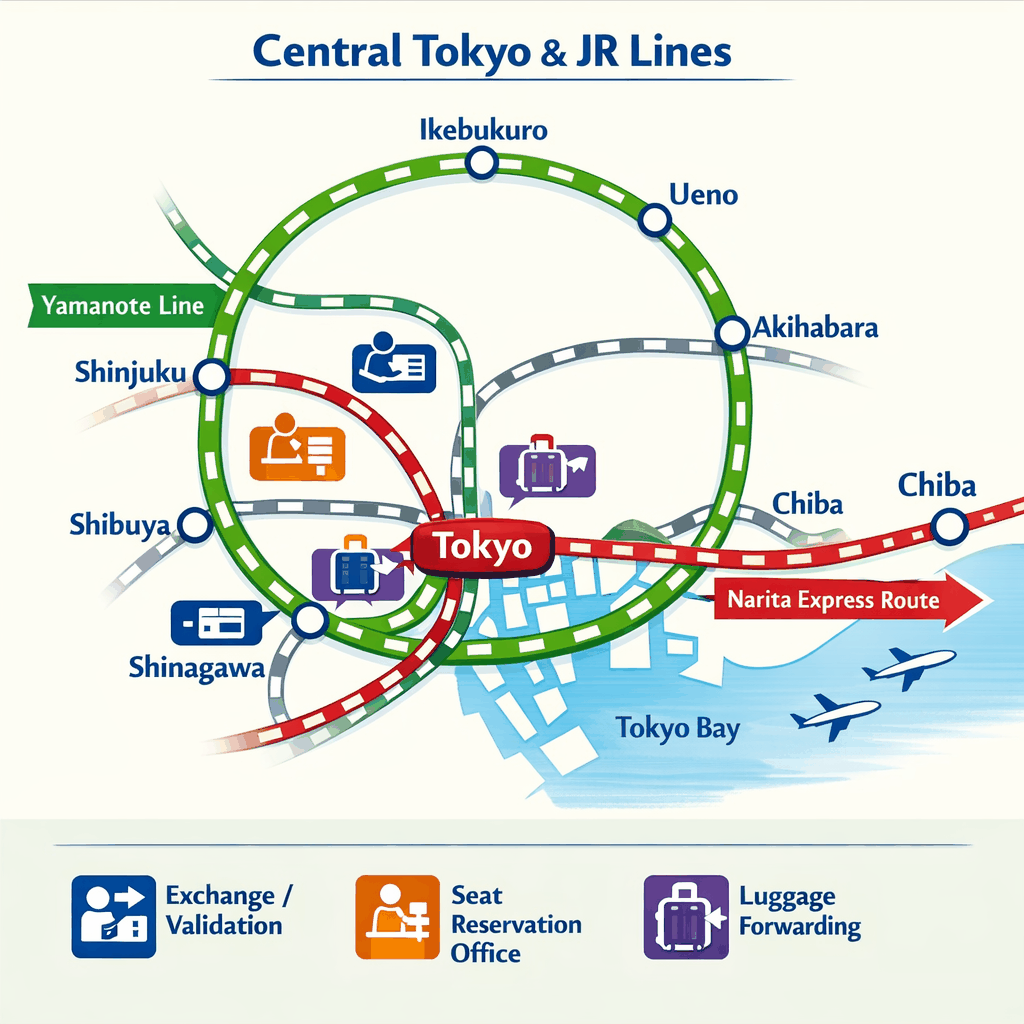 Yamato Transport takkyubin courier van and staff handling luggage pickup for train travel in Tokyo
