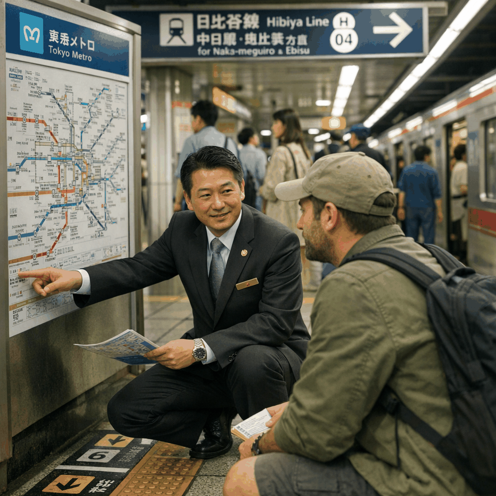 Busy platform at Tokyo Station showing door markers and passengers queuing
