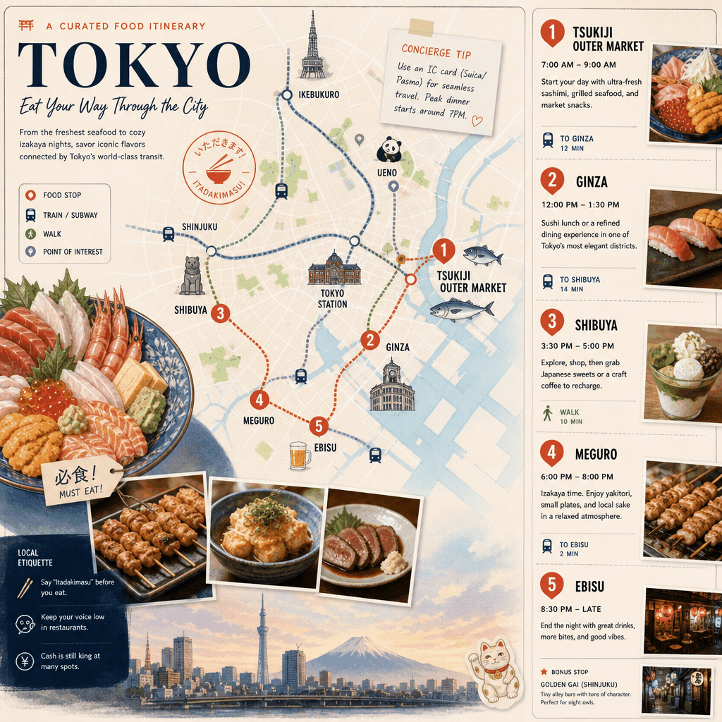 Tokyo neighborhood food itinerary with markets, izakaya, and train connections
