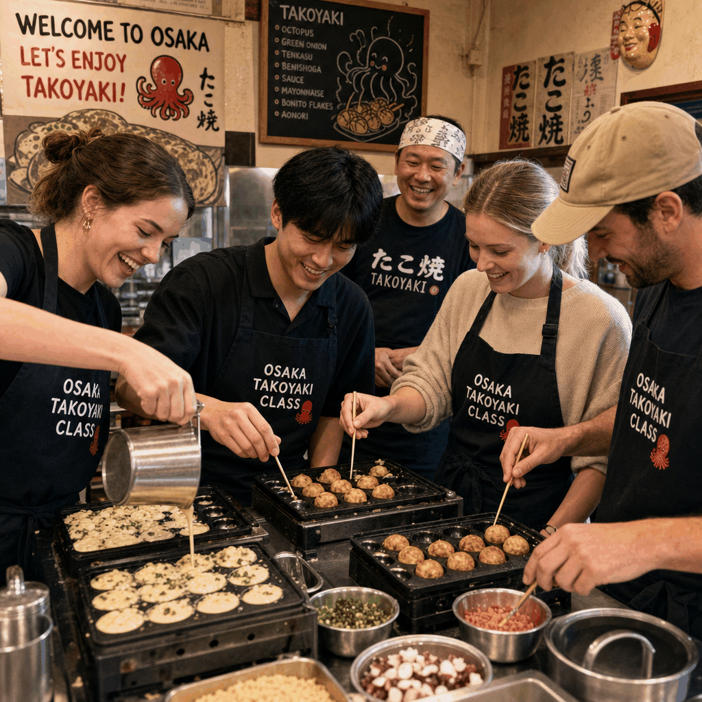 Takoyaki class in Osaka showing a beginner-friendly food experience