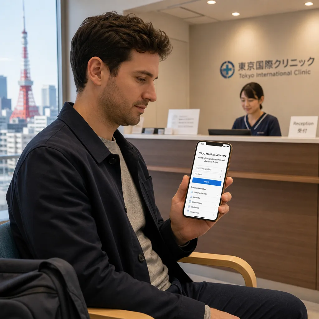 Waiting area in a Tokyo clinic with multilingual patient guidance signs