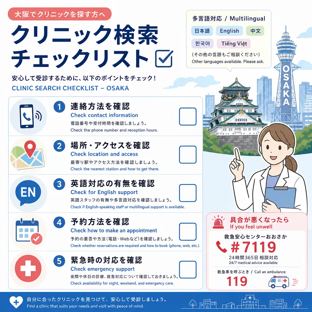 Osaka city street near a neighborhood clinic and pharmacy with English-speaking support