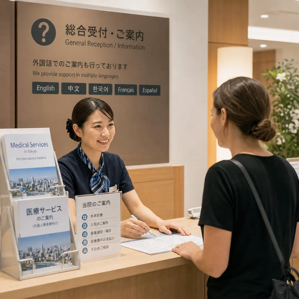 A person in Tokyo using official medical search resources to find an English-speaking clinic