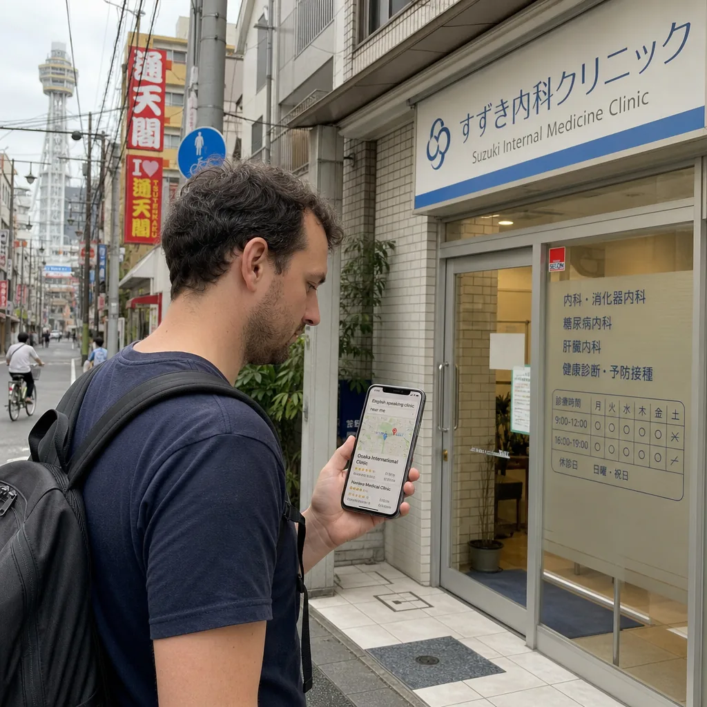 Expat checking Osaka clinic search results on an official multilingual medical information website