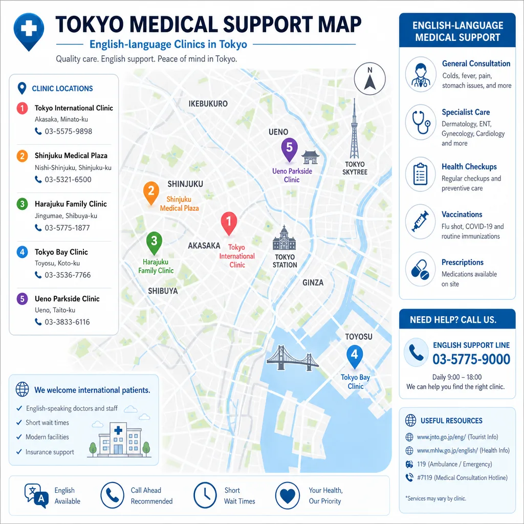 An expat reviewing Tokyo emergency medical care and clinic details before booking