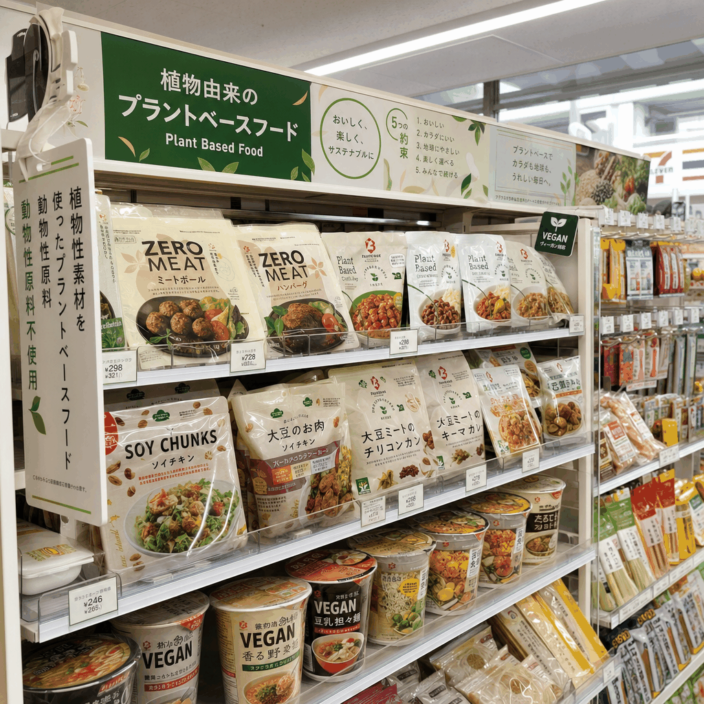 Tokyo convenience store shelf with vegan-friendly packaged foods and ingredient labels