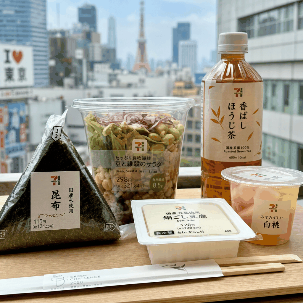 Vegan shopper comparing product labels at a Tokyo convenience store