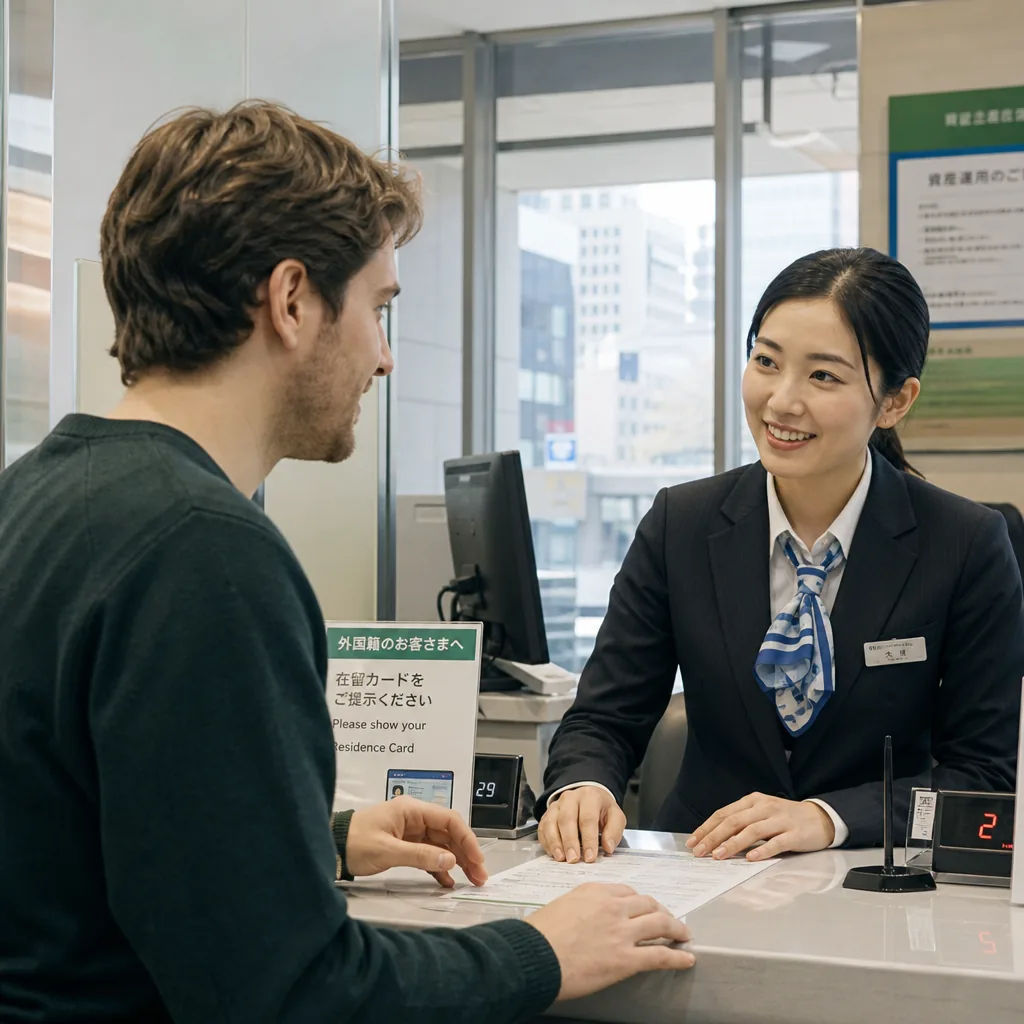 Exterior of a Tokyo bank branch where a new resident could open an account