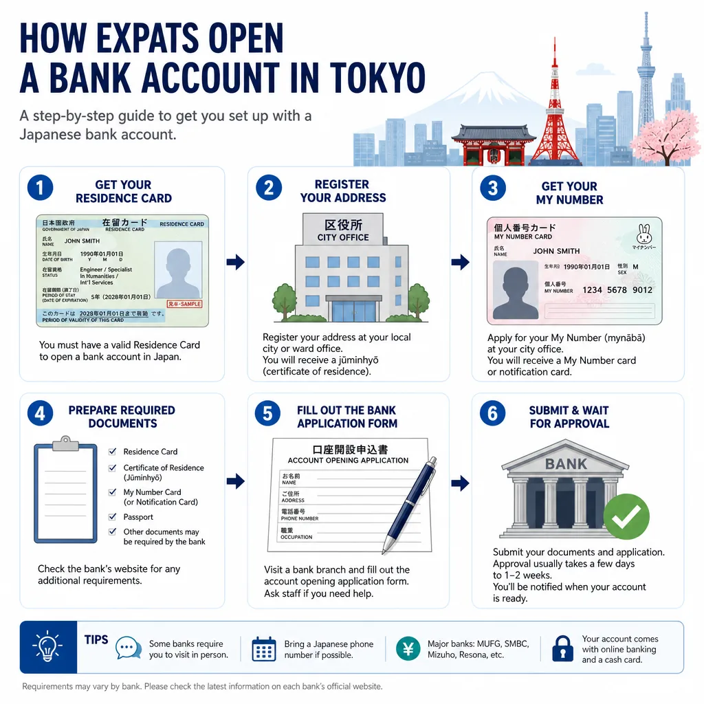 Tokyo newcomer preparing residence card and documents for a bank application