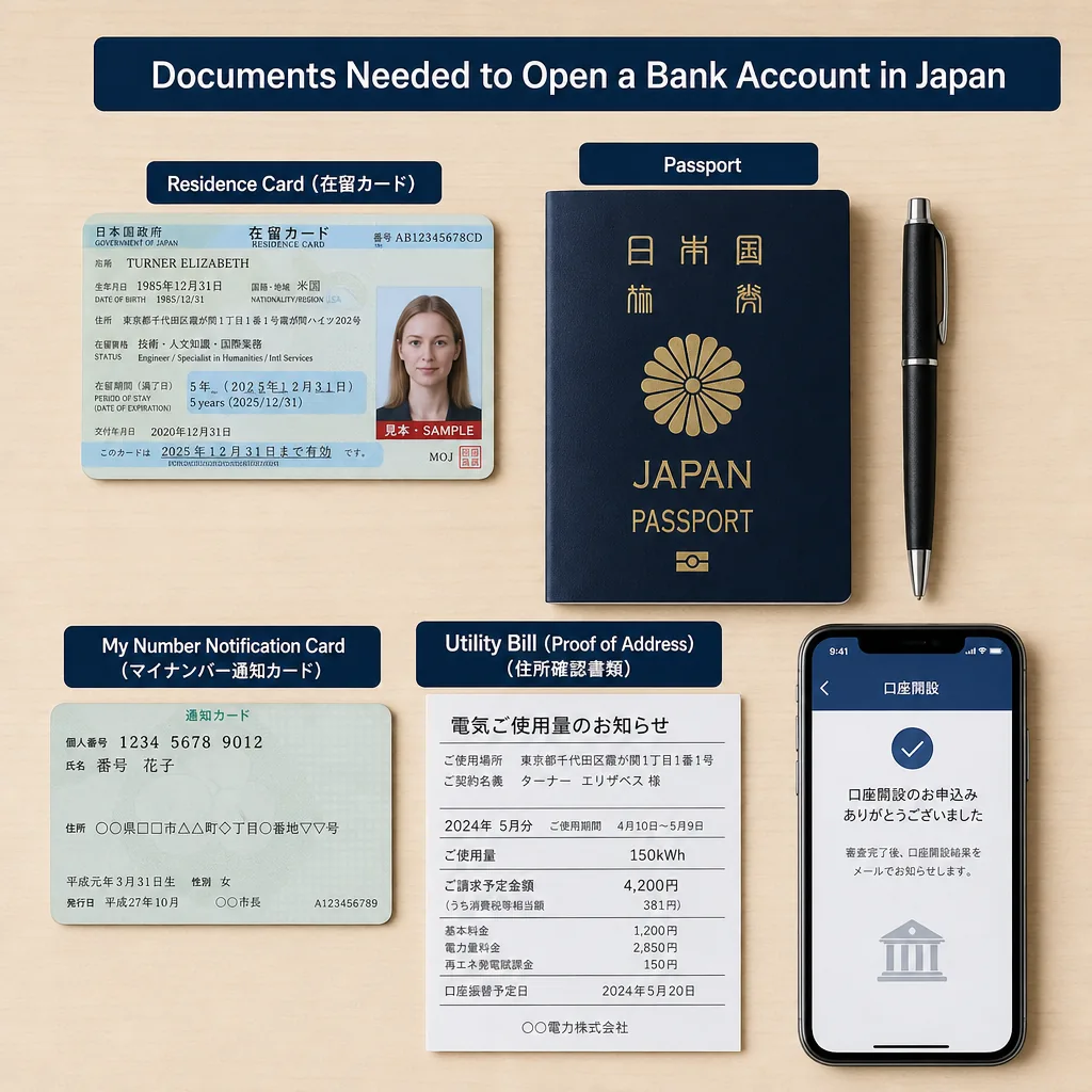 Foreign resident visiting a Tokyo bank branch with passport and residence card