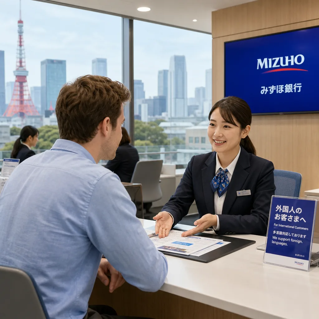 Expat preparing documents to open a bank account in Tokyo branch