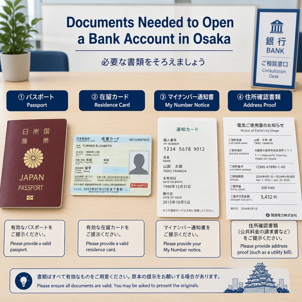 Osaka resident registration paperwork and bank application documents