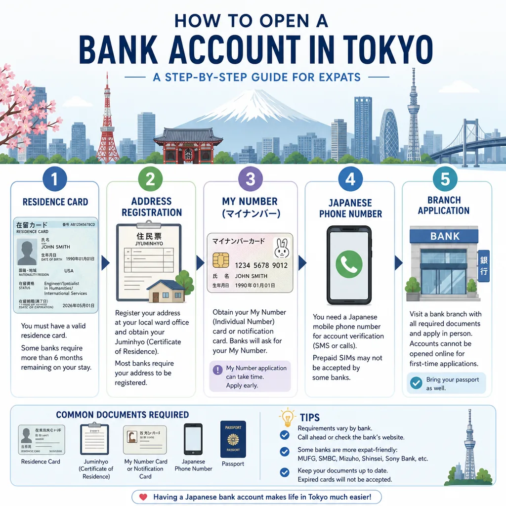 Tokyo ward office paperwork and bank forms used to register an address before account opening
