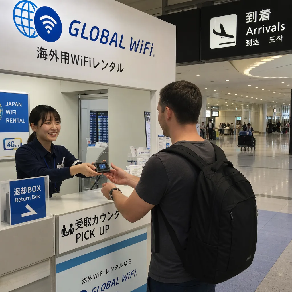 Traveler picking up pocket Wi‑Fi at Tokyo airport after arrival
