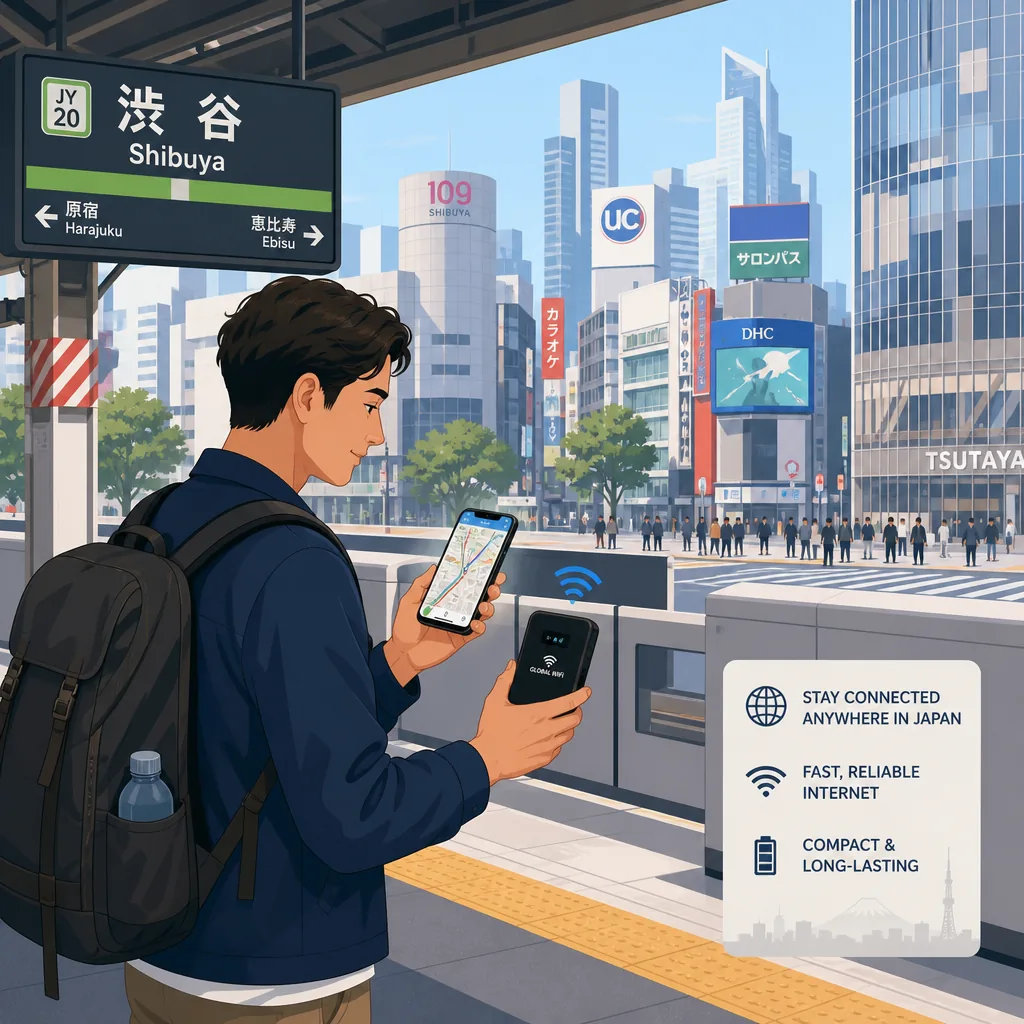 Expat using mobile Wi‑Fi to navigate Tokyo train stations