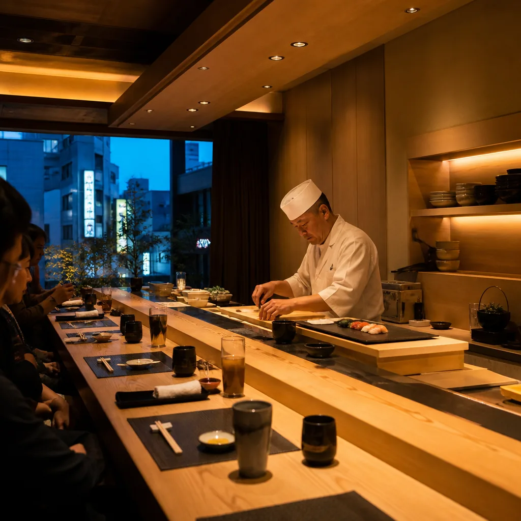 Tokyo omakase counter with sushi chef preparing a last-minute reservation meal