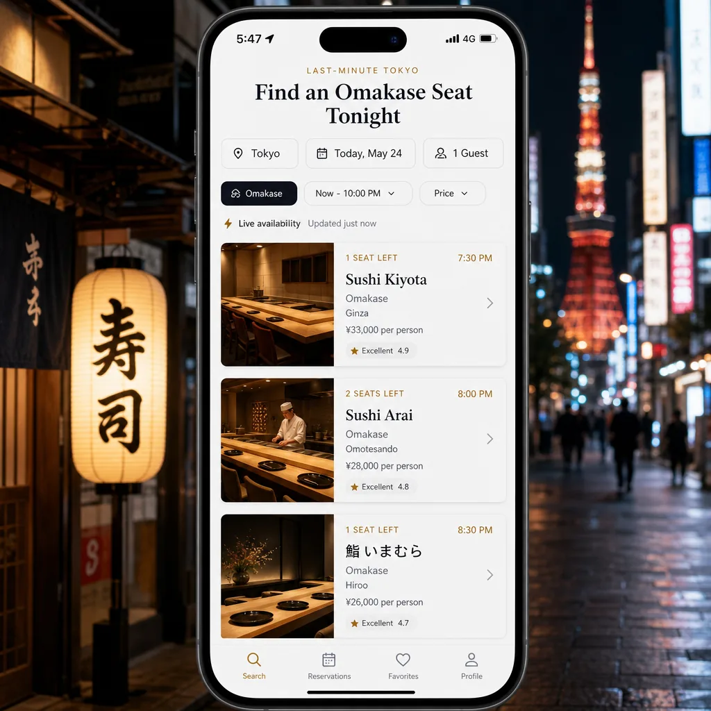 Traveler checking a Tokyo restaurant booking platform for same-day omakase availability