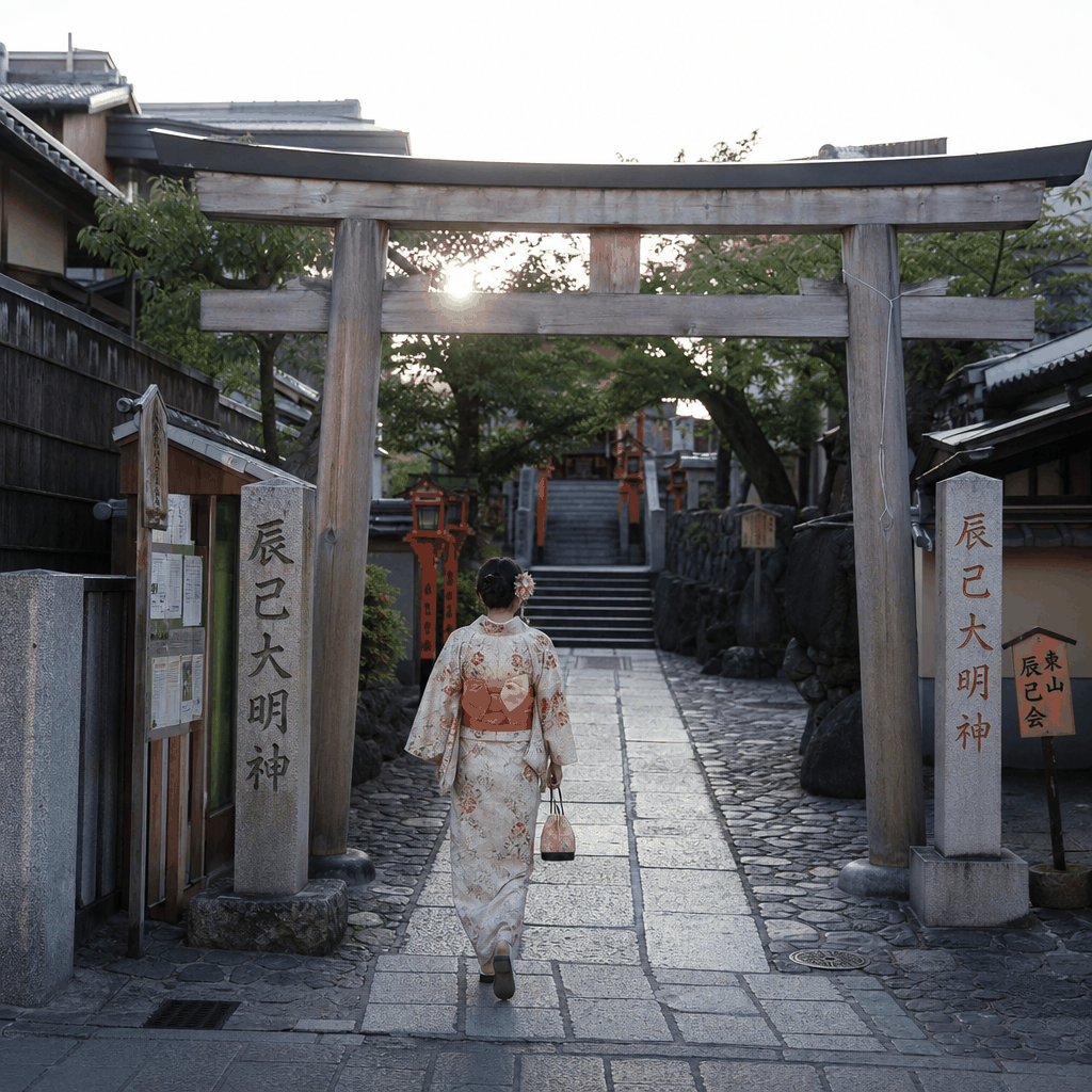 Kimono rental shop setup in Kyoto near a shrine district